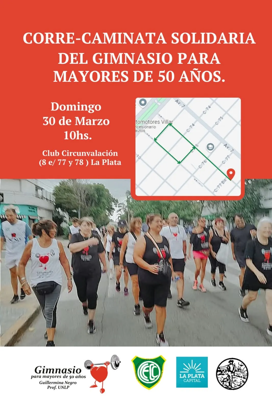 Afiche de la correcaminata solidaria del gimnasio para mayores de 50 años del Club Circunvalación